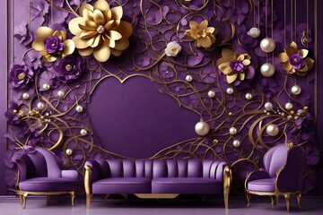 3D Wallpaper Design with Floral and Geometric Objects gold ball and pearls, gold jewelry wallpaper...