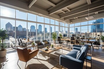 Modern coworking office with natural light, city view, and contemporary furniture. Generative AI