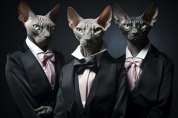 A family of hairless sphynx cats dressed in tuxedos. Generative AI