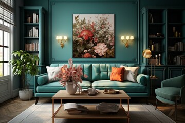 Cozy living area featuring a teal-colored sofa. Generative AI