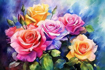 Colorful roses in the garden, vibrant flower bouquet, artistic graphic, vibrant watercolor blooms. Generative AI