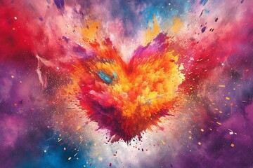Fototapeta premium Illustration of a heart surrounded by a vibrant powder explosion, symbolizing joy, happiness, love, and strength. Generative AI