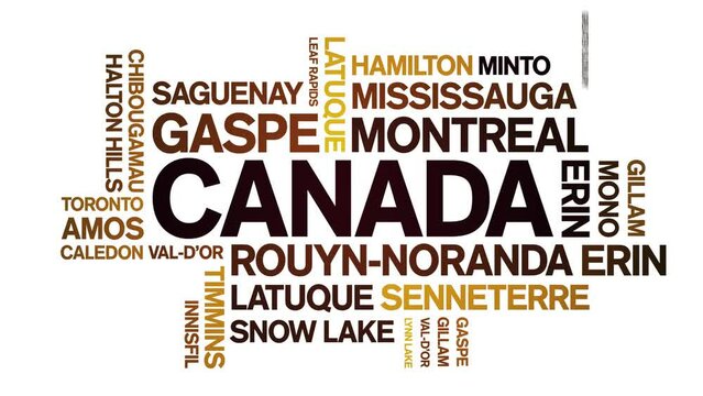 Canada animated tag word cloud;text design animation List of cities towns kinetic typography seamless loop.