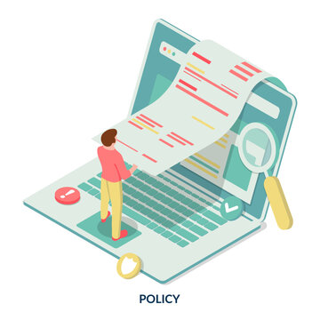 Policy. Web page with icons of AI, cloud, folder, etc. Isometric vector illustration on white background.