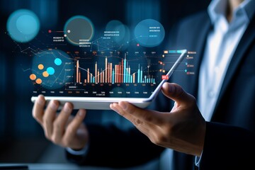 Modern Technology and Data Analysis - Person using tablet device, technical interface with reporting icons, sleek and modern design. Created using generative AI technology