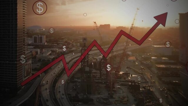 Animation of real estate modern smart city apartment rent prices chart increasing due to inflation, construction crane in residential area on background