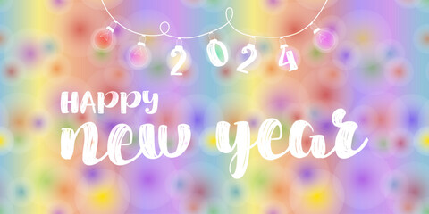 Happy 2024 New Year horizontal colorful banner. Abstract vector illustration with festive blur and garland