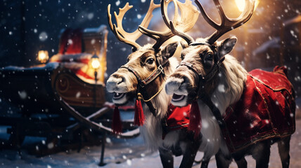 Fototapeta na wymiar Christmas Reindeer with their sleigh on a snowy night