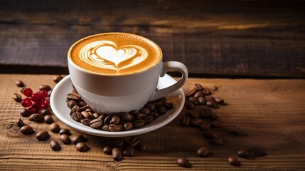 Fototapeta premium Coffee latte with heart and coffee beans on rustic wooden background