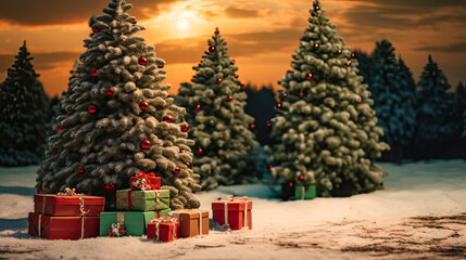 Merry Christmas greeting card idea in 60s style with fir tree and New Year gifts with copy space for text