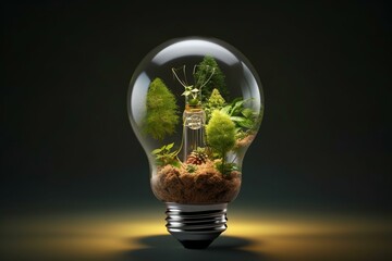 A light bulb with plants and earth elements inside depicting eco-friendly energy. Generative AI