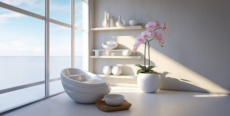 Fototapeta na wymiar living room with flowers, Solar tanning modern orchid flower pots whole salon