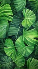 watercolor vertical abstract floral pattern template green background, exotic tropical wall with green monstera leaves