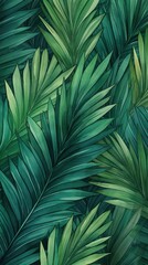 watercolor vertical abstract floral pattern template green background, exotic tropical wall with green, palm and banana leaves