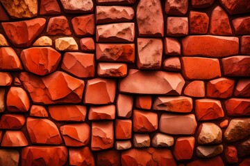 Orange stone wall. Bright brown rock texture. Red faceted stone wall background for design. Modern...