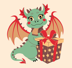 Fototapeta premium Cute fairytale dragon with Christmas present box. Symbol of Chinese New Year 2024. Fantasy baby dragon. Vector illustration in modern flat style, for greeting card, poster, banner, t-shirt design.