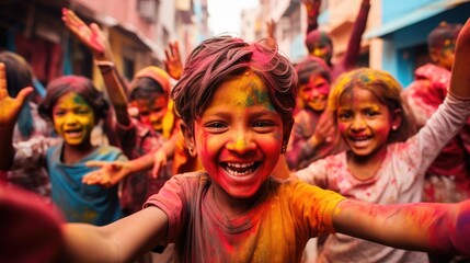 Fototapeta premium Happy children enjoy colored Holy fest.