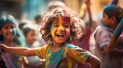 Fotobehang Happy children enjoy colored Holy fest. © MiguelAngel