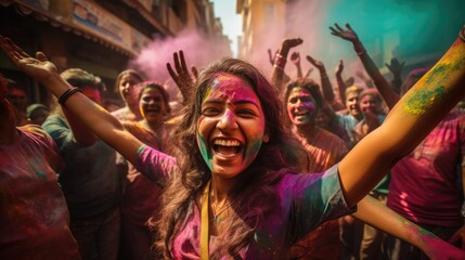 Fototapeta na wymiar People enjoy colorful Holy fest