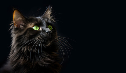 Idea for pet food advertising with copy space, photo of black cat on black background - obrazy, fototapety, plakaty