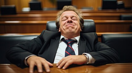 A lazy politician sitting sleepy in the armchair. - obrazy, fototapety, plakaty