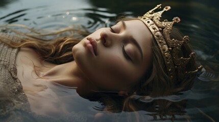 Portrait of a young princess with crown, eyes closed resting head on water. - obrazy, fototapety, plakaty