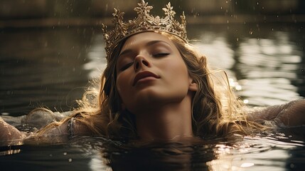 Portrait of a young princess with crown, eyes closed resting head on water. - obrazy, fototapety, plakaty