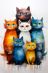 Merch idea with colorful cats on a white background, idea for prints or advertising of local pets