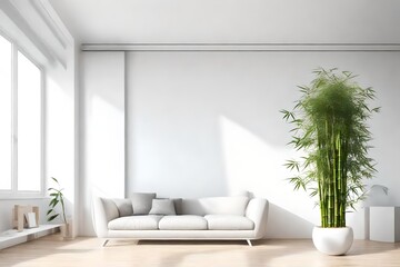 interior with potted single  bamboo plant, natural interior design concept, modern white living room with big window, minimalist architecture