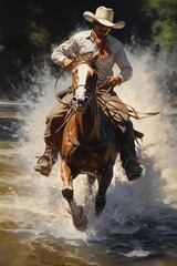 Image of man riding horse river sunny day rugged city ranger west world show neck high precision girl running outback young printed on Printed Glass Splashbacks