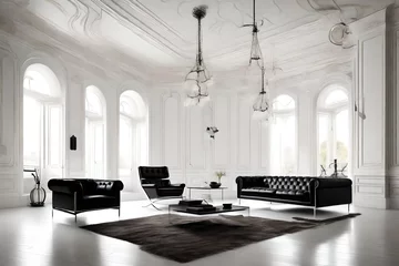 Fototapeten Interior design of classic white room with black barcelona chair © CREAM 2.0