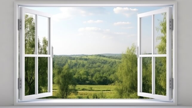 Fototapeta Open window with views to the green forest at sunset.