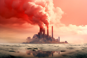 industrial factory skyline with pollution smoking chimney - global warming concept
