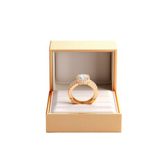 Golden ring in a box. Isolated on transparent background. 