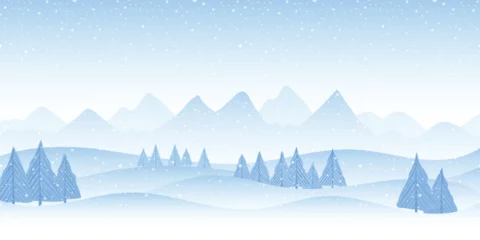 Rollo Winter landscape, cartoon nature, mountains with forest and falling snow © Valerii