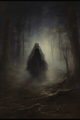 ghostly figure forest hooded wraith dense ground fog walking towards shadows screaming silver disappear - obrazy, fototapety, plakaty