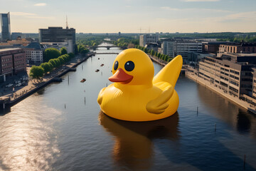 giant inflatable rubber duck floating down city river