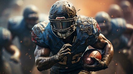 An American football player in a sports protective helmet runs along the playing field