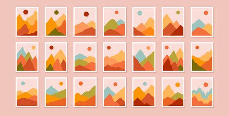 Large set with abstract landscapes in boho style. Aesthetic natural backgrounds with sun, mountains and forest. Warm palette. Minimalistic vector illustration.