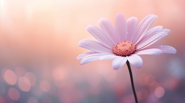 closeup single flower deep droplets petal pink gradient scheme daisies soft warm light girl standing field center garden