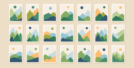 Large set with abstract landscapes in boho style. Aesthetic natural backgrounds with sun, mountains and forest. Palette with green shades. Minimalistic vector illustration.