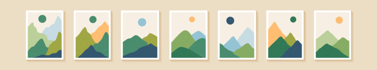 Set with abstract landscapes in boho style. Aesthetic natural backgrounds with sun, mountains and forest. Palette with green shades. Minimalistic vector illustration.