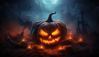 Fototapeta premium Spooky Halloween Pumpkin in Fire and Darkness 