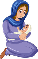 Middle East Woman Holding Baby: Birth of Jesus Cartoon