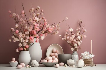 Obraz na płótnie Canvas Contemporary Easter decor with pink and white flowers, eggs, and decorations against a neutral backdrop. Generative AI
