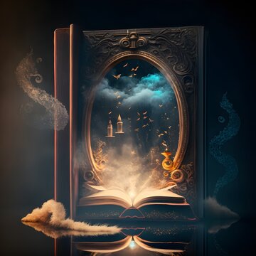 Magic vintage fantasy book on a dark background magic mirror of predictions and the fog comes out of the mirror 8k super details photography lighting 50mm 80mm 100mm incredibly detailied 