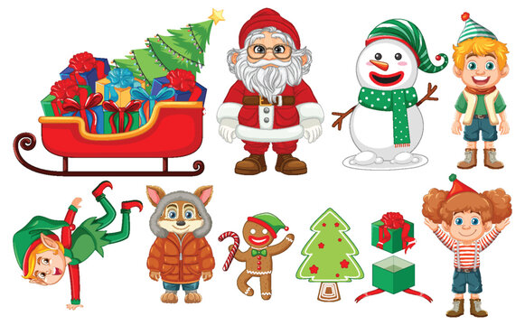 Christmas Objects and Elements: Elf, Santa, Gingerbread, Gift, and Snowman