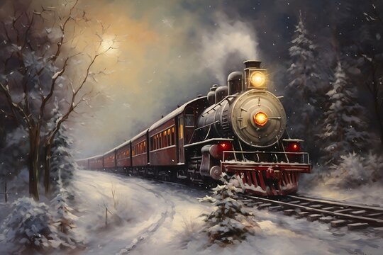train traveling snowy forest full moon exquisite book portrait curve good night highly old holiday season