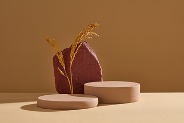 Minimal art background with blank space for cosmetic product presentation. Front view of brown cylinder podiums decorated with red block of stone and dry rice branches heavy with grain