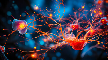 Neuronal cells of a neural network under microscope, brain signal transmission, systems development